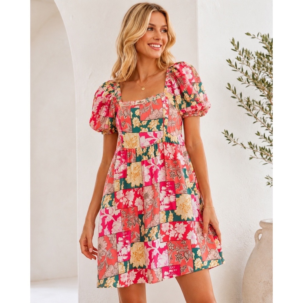 Floral Lightweight Patchwork Sundress NEW MED Bright Stretch Mini Dress Boutique